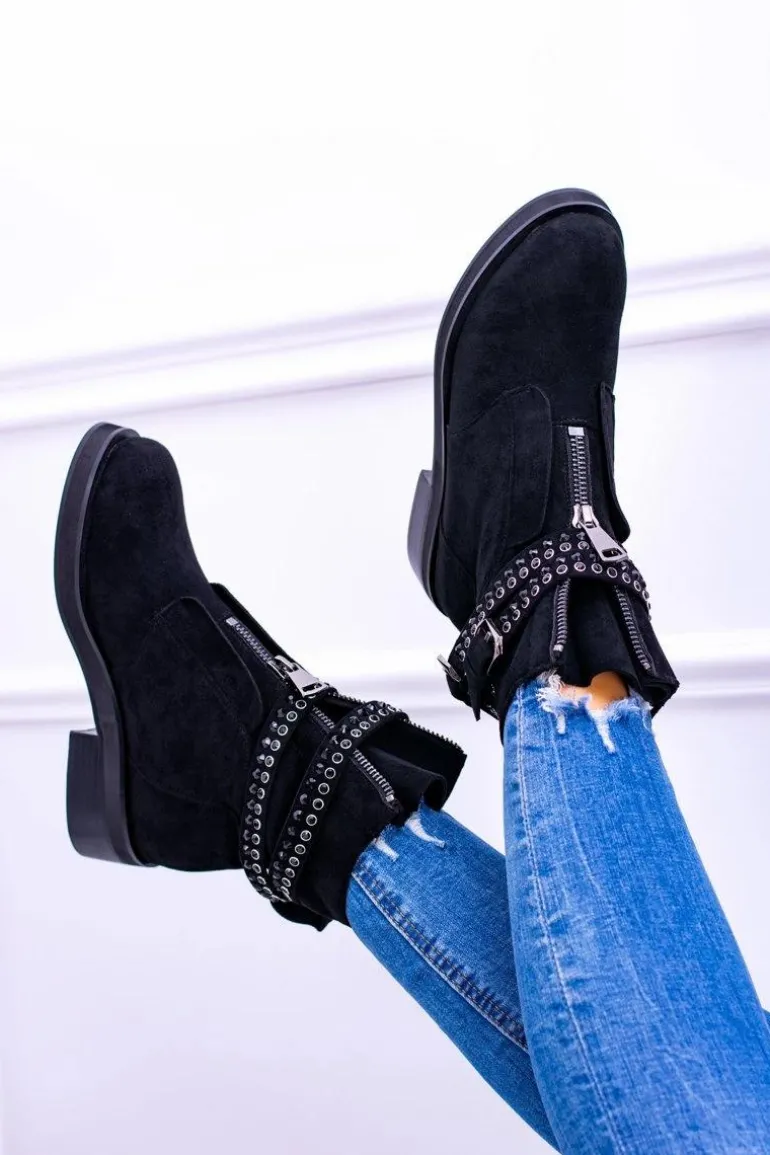 Lu Boo Czarne Damskie Botki Suwak Cekiny Rafell