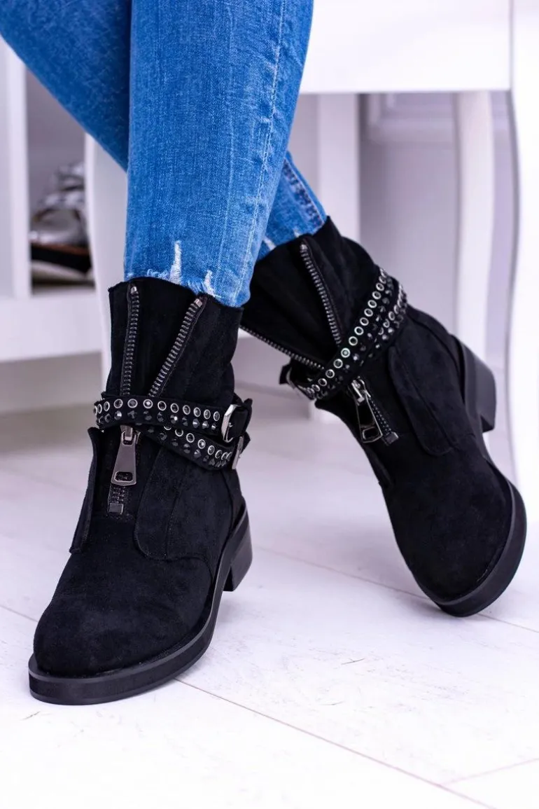 Lu Boo Czarne Damskie Botki Suwak Cekiny Rafell