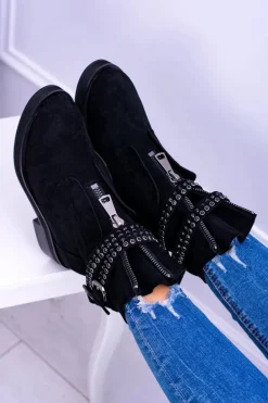 Lu Boo Czarne Damskie Botki Suwak Cekiny Rafell