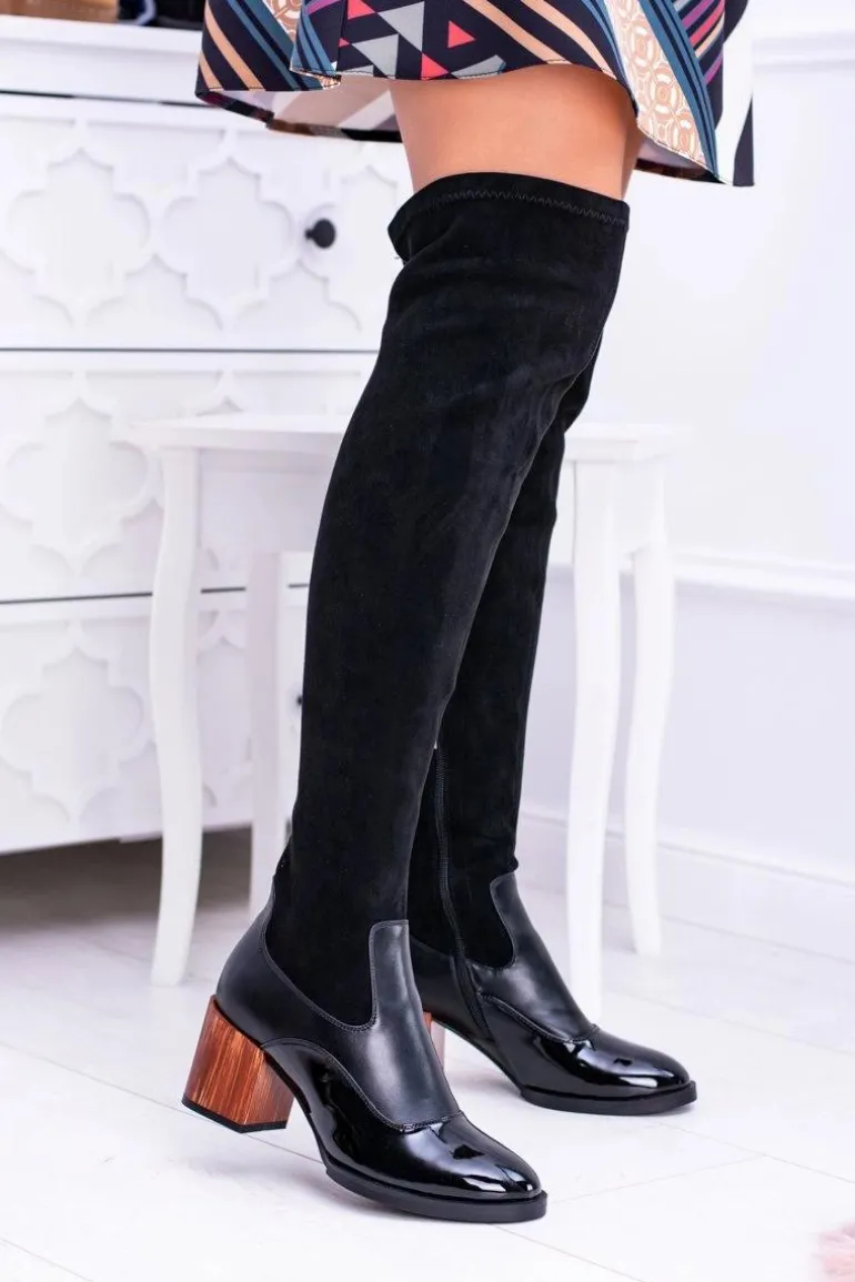 Lu Boo Czarne Damskie Kozaki Na Słupku Zamsz Lakier Jess