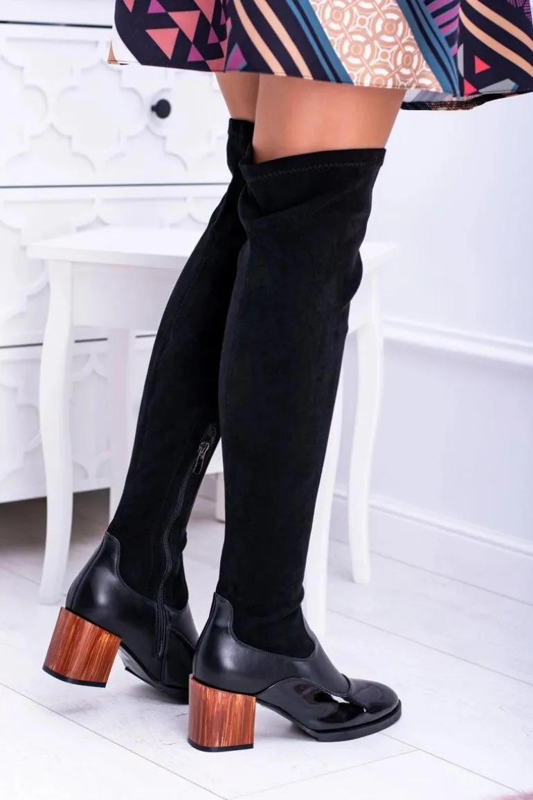 Lu Boo Czarne Damskie Kozaki Na Słupku Zamsz Lakier Jess