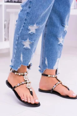 Lu Boo Czarne Damskie Sandałki Z Cyrkoniami Venice