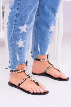 Lu Boo Czarne Damskie Sandałki Z Cyrkoniami Venice