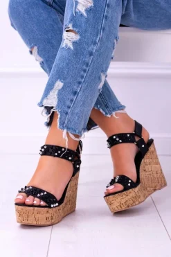 Lu Boo Czarne Damskie Sandały Na Koturnie Ćwieki Valeria