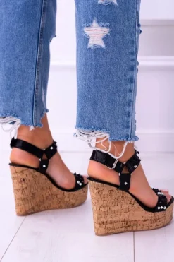 Lu Boo Czarne Damskie Sandały Na Koturnie Ćwieki Valeria