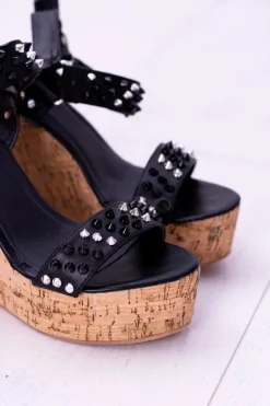 Lu Boo Czarne Damskie Sandały Na Koturnie Ćwieki Valeria