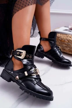 Lu Boo Czarne Lakierowane Botki Z Wycięciami Rock Girl