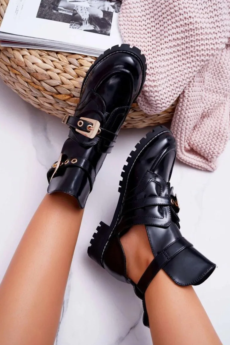 Lu Boo Czarne Lakierowane Botki Z Wycięciami Rock Girl