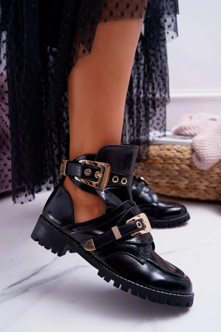 Lu Boo Czarne Lakierowane Botki Z Wycięciami Rock Girl