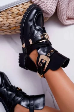 Lu Boo Czarne Lakierowane Botki Z Wycięciami Rock Girl