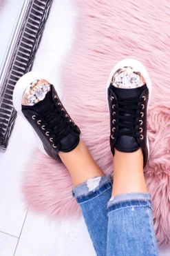 Lu Boo Czarne Trampki z Błyszczącymi Kryształami