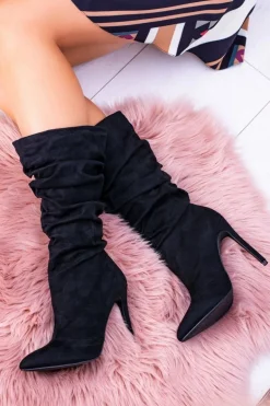 Lu Boo Czarne Wysokie Zamszowe Botki na Szpilce Bellisario