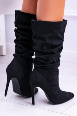 Lu Boo Czarne Wysokie Zamszowe Botki na Szpilce Bellisario