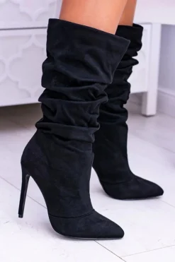 Lu Boo Czarne Wysokie Zamszowe Botki na Szpilce Bellisario