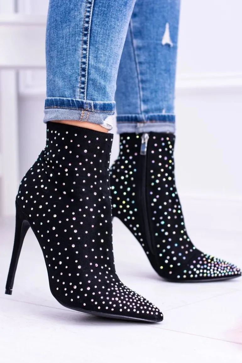 Lu Boo Czarne Wysokie Zamszowe Botki na Szpilce Cyrkonie Cubano