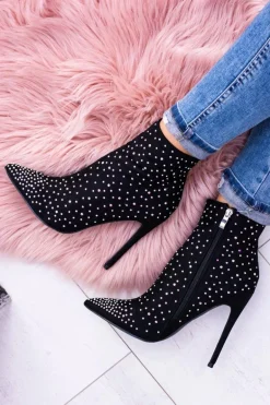 Lu Boo Czarne Wysokie Zamszowe Botki na Szpilce Cyrkonie Cubano