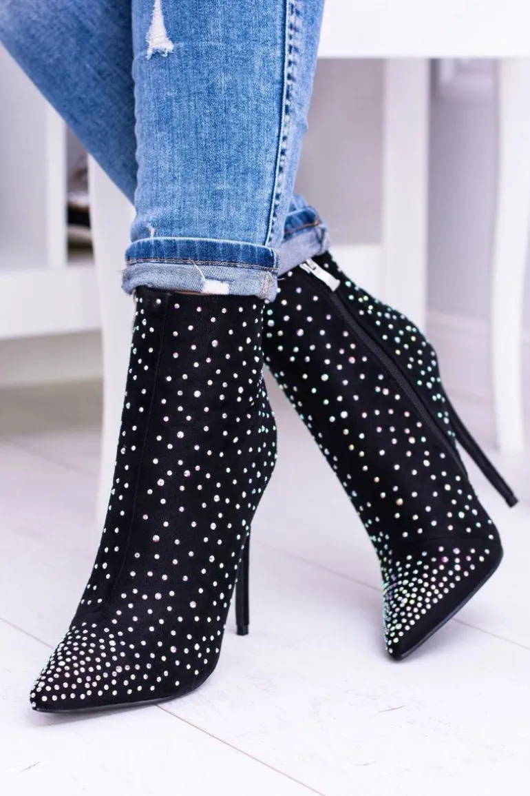 Lu Boo Czarne Wysokie Zamszowe Botki na Szpilce Cyrkonie Cubano