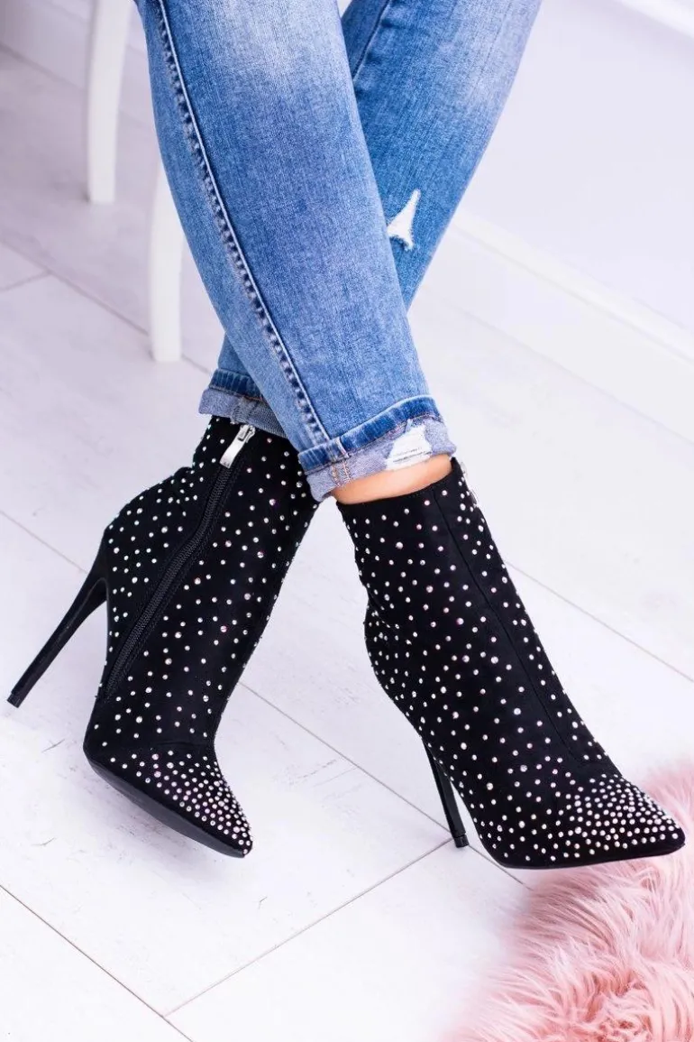 Lu Boo Czarne Wysokie Zamszowe Botki na Szpilce Cyrkonie Cubano