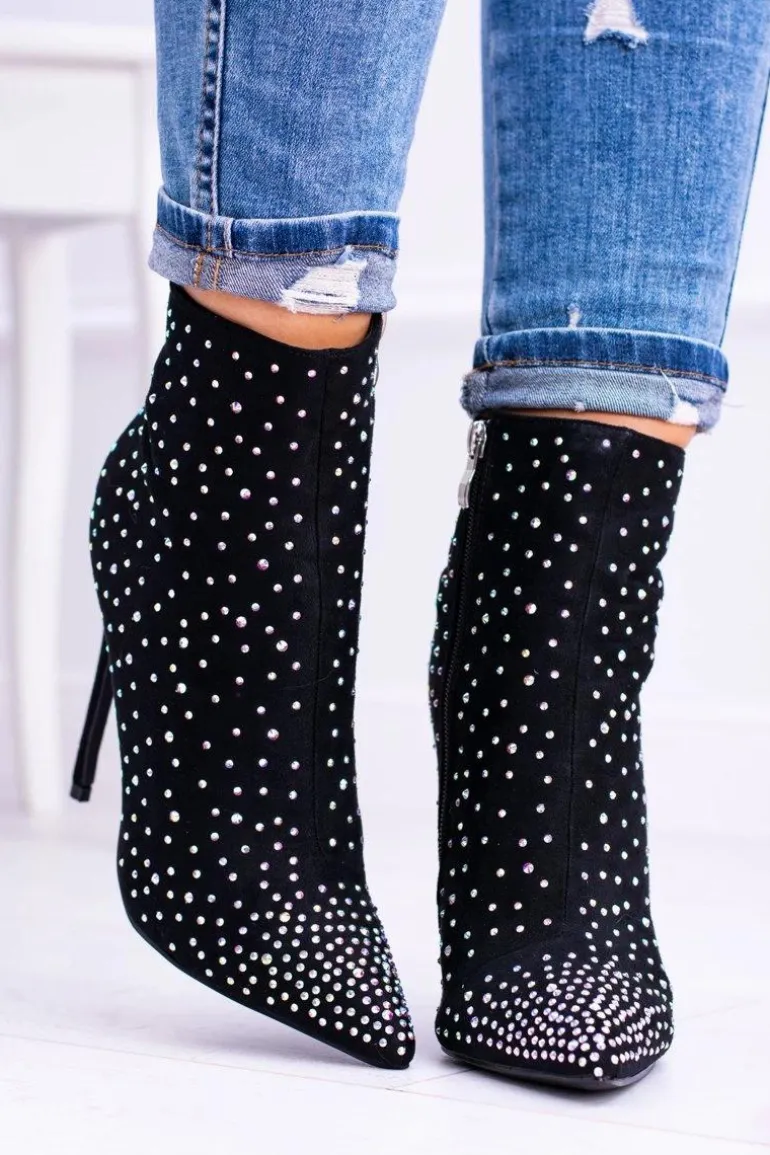 Lu Boo Czarne Wysokie Zamszowe Botki na Szpilce Cyrkonie Cubano