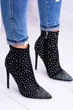 Lu Boo Czarne Wysokie Zamszowe Botki na Szpilce Cyrkonie Cubano