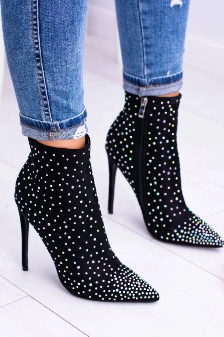 Lu Boo Czarne Wysokie Zamszowe Botki na Szpilce Cyrkonie Cubano
