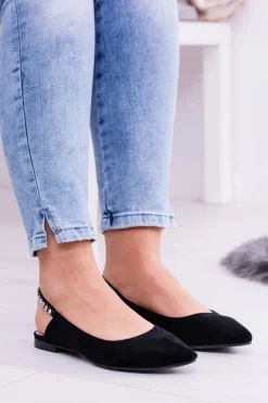 Lu Boo Czarne Zamszowe Balerinki w Szpic Cyrkonie Macron
