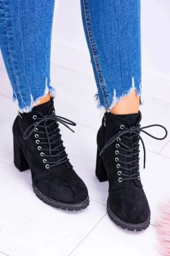 Lu Boo Czarne Zamszowe Botki na Słupku Cyrkonie Halsey