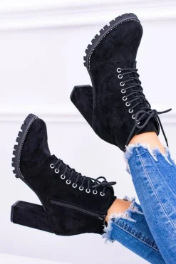 Lu Boo Czarne Zamszowe Botki na Słupku Cyrkonie Halsey