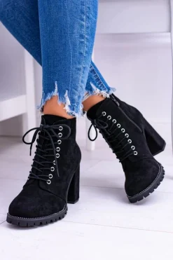 Lu Boo Czarne Zamszowe Botki na Słupku Cyrkonie Halsey