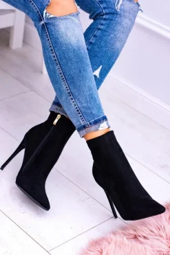 Lu Boo Czarne Zamszowe Botki na Szpilce Veneci