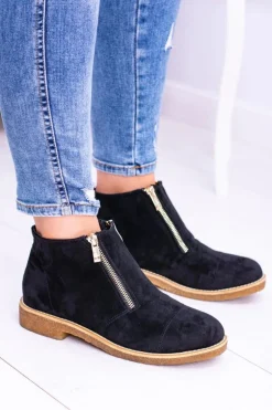 Lu Boo Czarne Zamszowe Damskie Botki Z Suwakami Inez