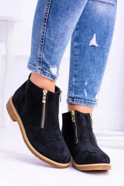 Lu Boo Czarne Zamszowe Damskie Botki Z Suwakami Inez