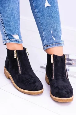 Lu Boo Czarne Zamszowe Damskie Botki Z Suwakami Inez