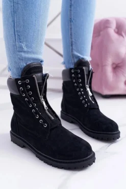 Lu Boo Czarne Zamszowe Damskie Timberki Trapery Suwaki Nancy