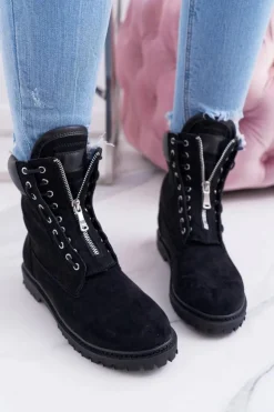 Lu Boo Czarne Zamszowe Damskie Timberki Trapery Suwaki Nancy
