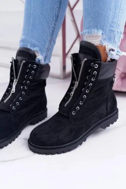 Lu Boo Czarne Zamszowe Damskie Timberki Trapery Suwaki Nancy