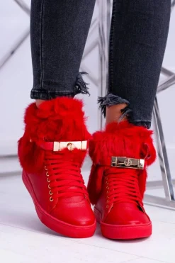 Lu Boo Czerwone Botki z Naturalnym Futrem Gisele