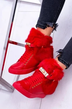 Lu Boo Czerwone Botki z Naturalnym Futrem Gisele