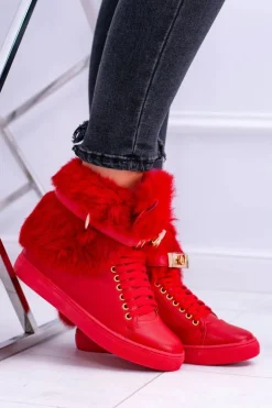Lu Boo Czerwone Botki z Naturalnym Futrem Gisele