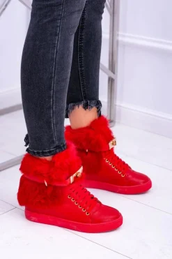 Lu Boo Czerwone Botki z Naturalnym Futrem Gisele