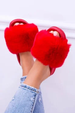 Lu Boo Czerwone Damskie Klapki Z Futerkiem FUR XXL