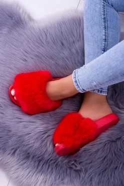 Lu Boo Czerwone Damskie Klapki Z Futerkiem FUR XXL