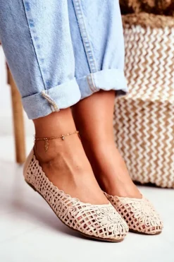 Lu Boo Damskie Baleriny Beżowe Ażurowe Plecione Carry
