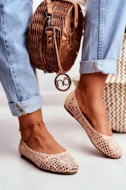 Lu Boo Damskie Baleriny Beżowe Ażurowe Plecione Carry