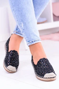 Lu Boo Damskie Baleriny Czarne Espadryle w Kwiaty Macarena