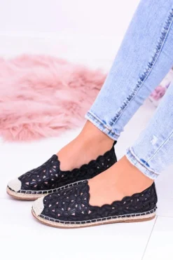 Lu Boo Damskie Baleriny Czarne Espadryle w Kwiaty Macarena
