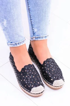 Lu Boo Damskie Baleriny Czarne Espadryle w Kwiaty Macarena