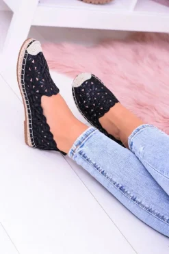 Lu Boo Damskie Baleriny Czarne Espadryle w Kwiaty Macarena