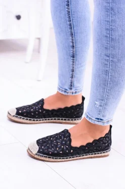 Lu Boo Damskie Baleriny Czarne Espadryle w Kwiaty Macarena