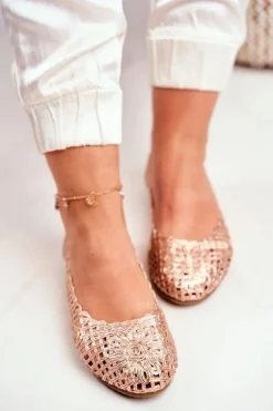 Lu Boo Damskie Baleriny Różowe Złoto Ażurowe Plecione Carry